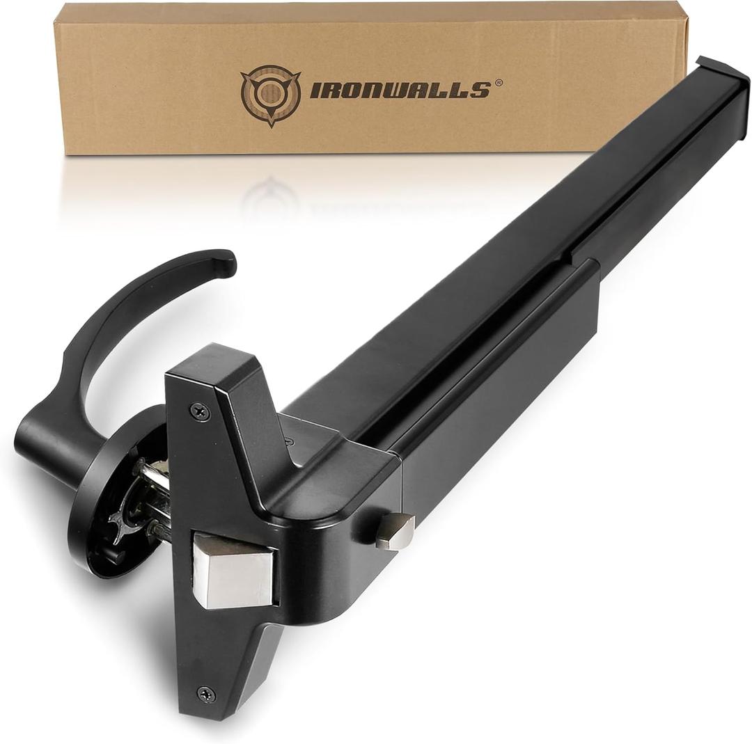 IRONWALLS Panic Bar 27.5 Inch, Black Commercial Door Push Exit Device With Exterior Lever, Stainless Steel Emergency Exit for 27.5"-41" Wood, Metal Doors