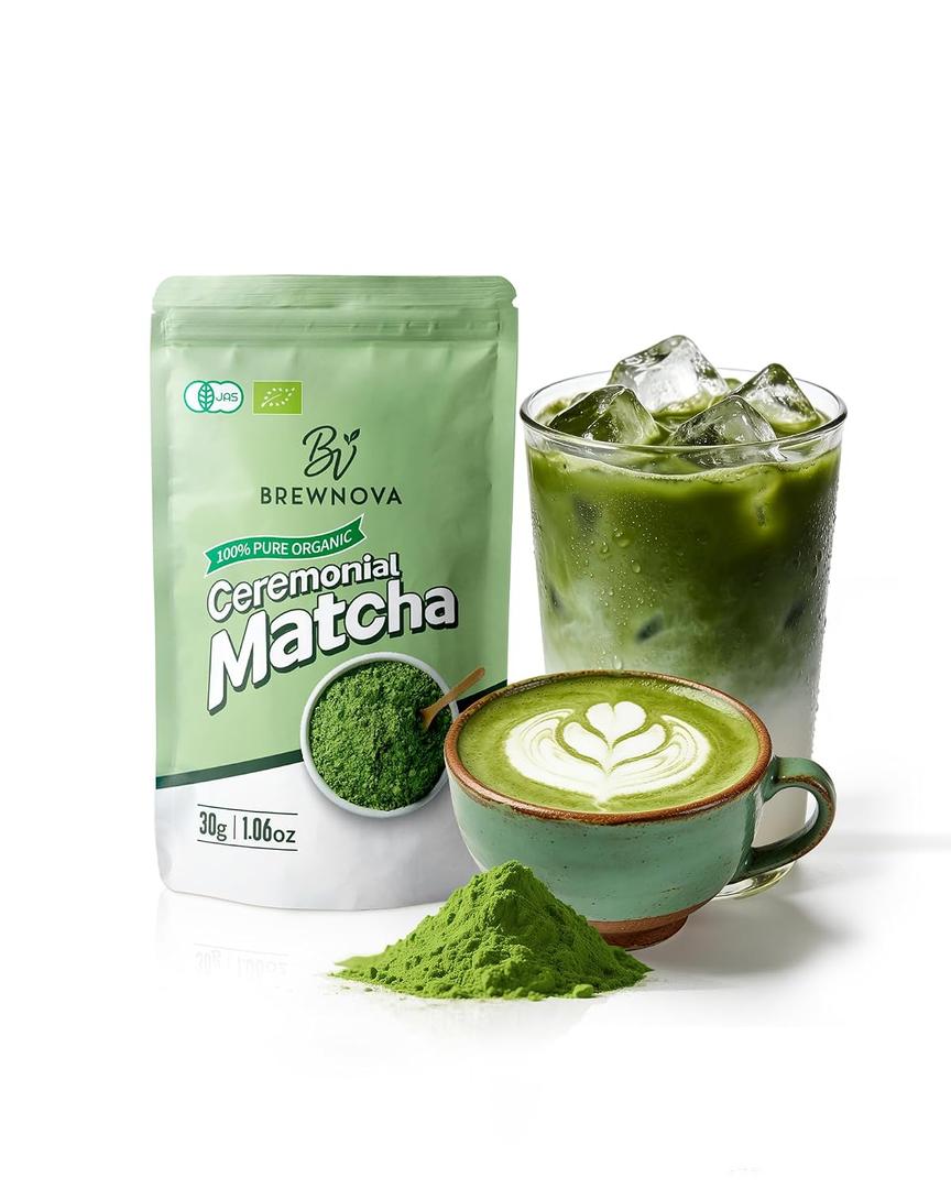 4 x Brewnova Ceremonial Grade Matcha Powder - Premium Organic Shade-Grown Stone-Milled First Harvest Unsweetened Gluten-Free Vegan Green Tea for Matcha Latte, Teas & Recipes, 1.06oz Double-Seal Pack (30g) (EXP 10/25/27)