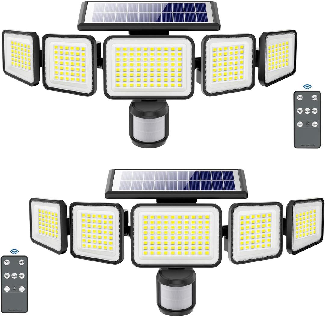 3000LM Solar Lights outdoor, 5 Adjustable Heads Solar Motion Sensor Lights, 236 LEDs 3 Brightness Mode, Waterproof Security Wall Lights, Remote Control Flood Lights for Graden, Backyard, 2 Pack