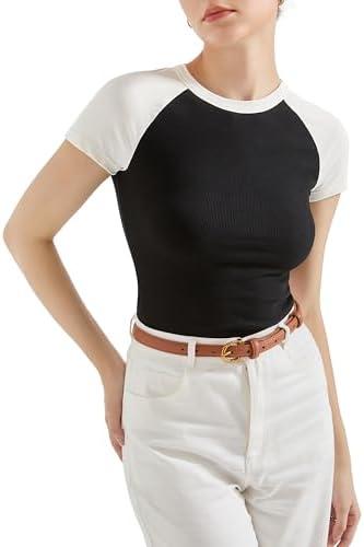 SUUKSESS Women Ribbed Short Sleeve Slim Fit Tops Summer Crew Neck Color Block Going Out T Shirt S