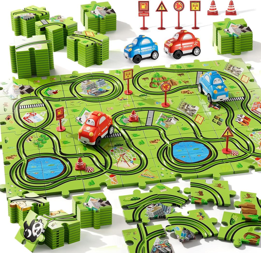 Bennol Toddler Toys Gifts for 2 3 4 5 Year Old Boys, 56pcs Jigsaw Puzzle Race Track Car Set for Kids Boys Toddlers 1-3 2-4 3-5 4-6, Puzzle Tracks Car Toys Gifts for 2 3 4 5 Year Old Boy Kid