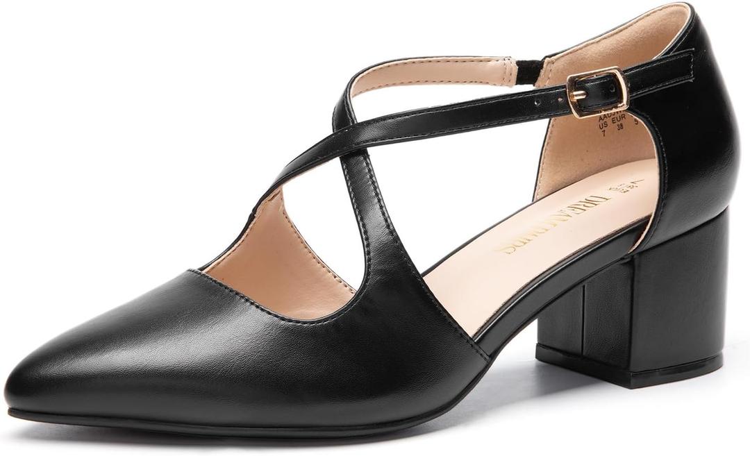 DREAM PAIRS Women's Chunky Heels Dress Pumps Closed Pointed Toe Comfort Cross Strap Block Heel Shoes for Party Dance Wedding, (7)
