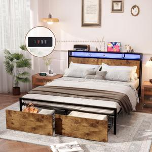 Kiivakii Bed Frame Queen Size with Charged Headboard, Platform Metal Bed with 2 Drawers Storage, RGB LED Lights, Noise-Free No Box Spring Needed, Rustic Brown