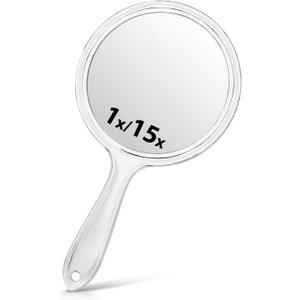 Hand Mirror, Double-Sided 1X/15X Magnifying Mirror with Handle, Acrylic, 8.3" L x 4.5" W, Clear, Pack of 1