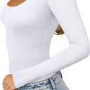 REORIA Womens Basic Sexy Scoop Neck Long Sleeve Leotards Fashion Fall Outfits Double Lined Layering Slim Soft Bodysuits Tops White X-Small