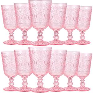 Eaasty Glasses Set of 12 Vintage Goblet 9 oz Vintage Colored Glass Goblet Beverage Stemmed Glass Cups Romantic Embossed Glassware for Wedding Party Holidays Anniversary (Pink)