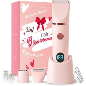 Bikini Trimmer for Women, 3 in 1 Hypoallergenic Painless Ceramic Blade Electric Face Razors for Shaving, Facial Pubic Hair Removal Shaver for Shower Use Summer Essentials (Light Red)
