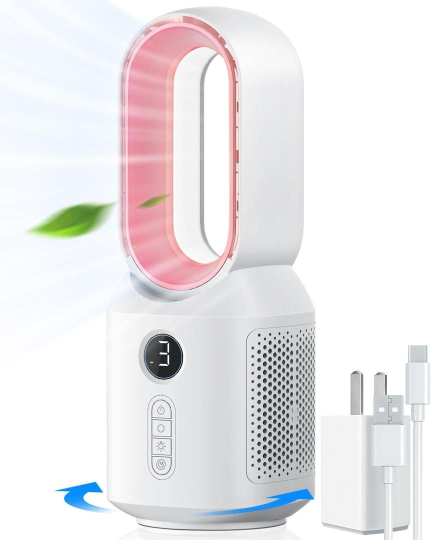 let'me Desk Fan, 106 Oscillating Fan for Indoors, Bladeless with 3 Speeds, Small Office Fan with LED Light (Pink-Without batteries)