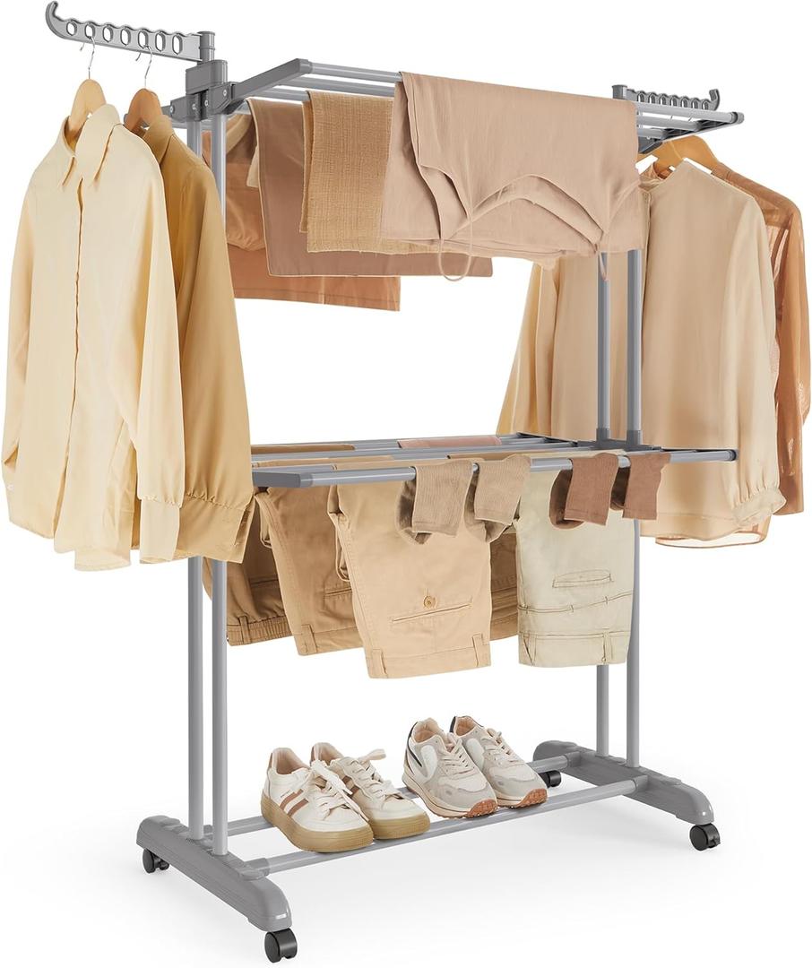 SONGMICS Clothes Drying Rack 3-Tier, Foldable Laundry Drying Rack 58.3-Inch Tall, Stainless Steel, Rolling Clothes Horses, Clothes Airer, Indoor Outdoor Use, Dove Gray ULLR702G01