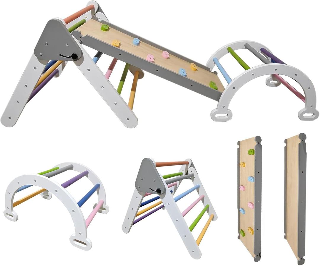 Pikler Triangle Climbing Set for Toddler 7 in 1 Rainbow Indoor Climber Set Foldable Montessori Wooden Climbing Toy with Ramp and Arch Indoor Gyms Playground for Toddlers Kids