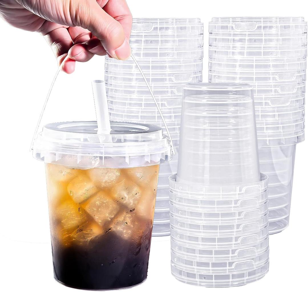 Qsqwsuye Set of 60 Large Plastic Cups with Lids and Straws 34oz Disposable Coffee Cups Clear Cups for Drinks Packs and Takebacks