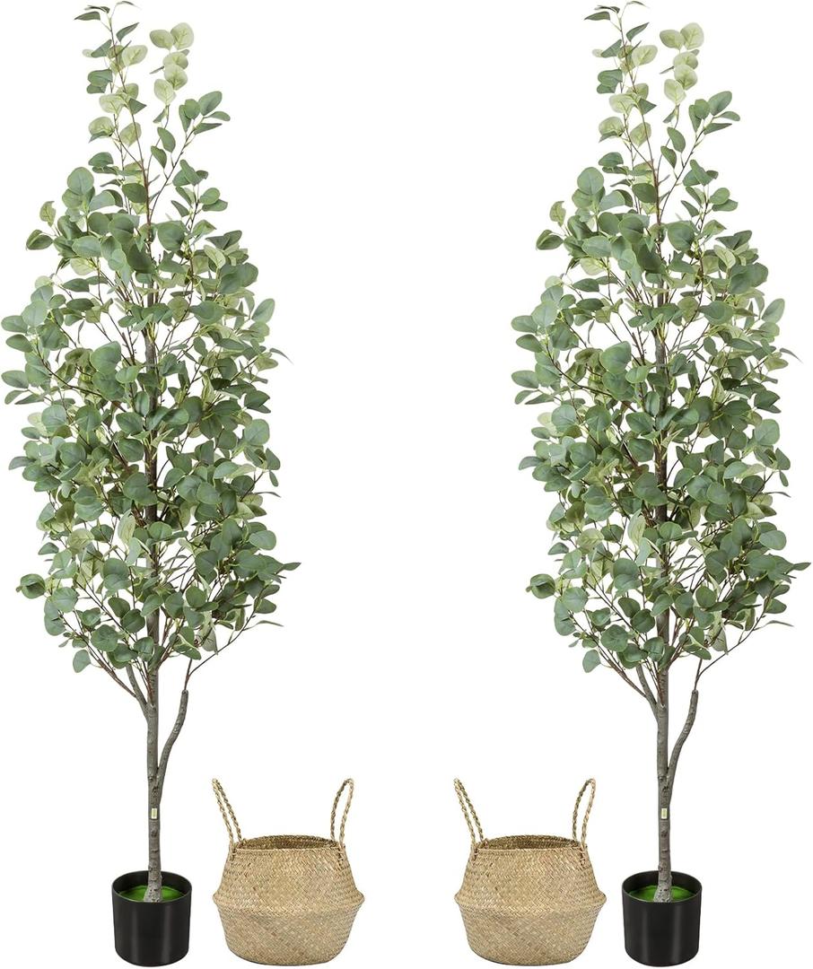 Liyarya 6FT Artificial Eucalyptus Tree with Wicker Basket & Black Pot, Indoor Green Faux Eucalyptus Trees, Fake Eucalyptus Plants with Lifelike Leaves & Natural Trunk for Home Office Bedroom, Pack of 1
