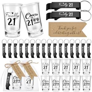 Kritkin 96 Pcs 24 Sets 21st Birthday Party Favors for Guests Finally Cheers to 21 Acrylic Shot Glasses 21th Bottle Opener Keychain with Thank You Tag Bag Birthday Souvenirs Party Supplies(Black)
