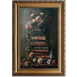 Framed Vintage Floral Wall Art - Moody Flowers Books Art Oil Painting, Vintage Wildflowers Dark Academia Floral Gallery Wall Decor Picture, Rustic Country Canvas Decor for Living Room Office 20''x30''