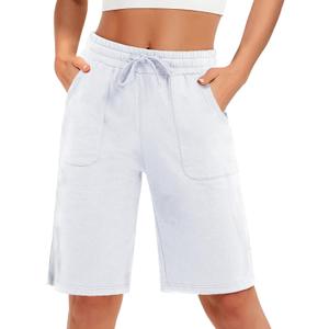 SPECIALMAGIC Cotton Sweat Shorts with Pockets for Women 10" Athletic Lounge Sports Workout Bermuda Knee Shorts (White) L