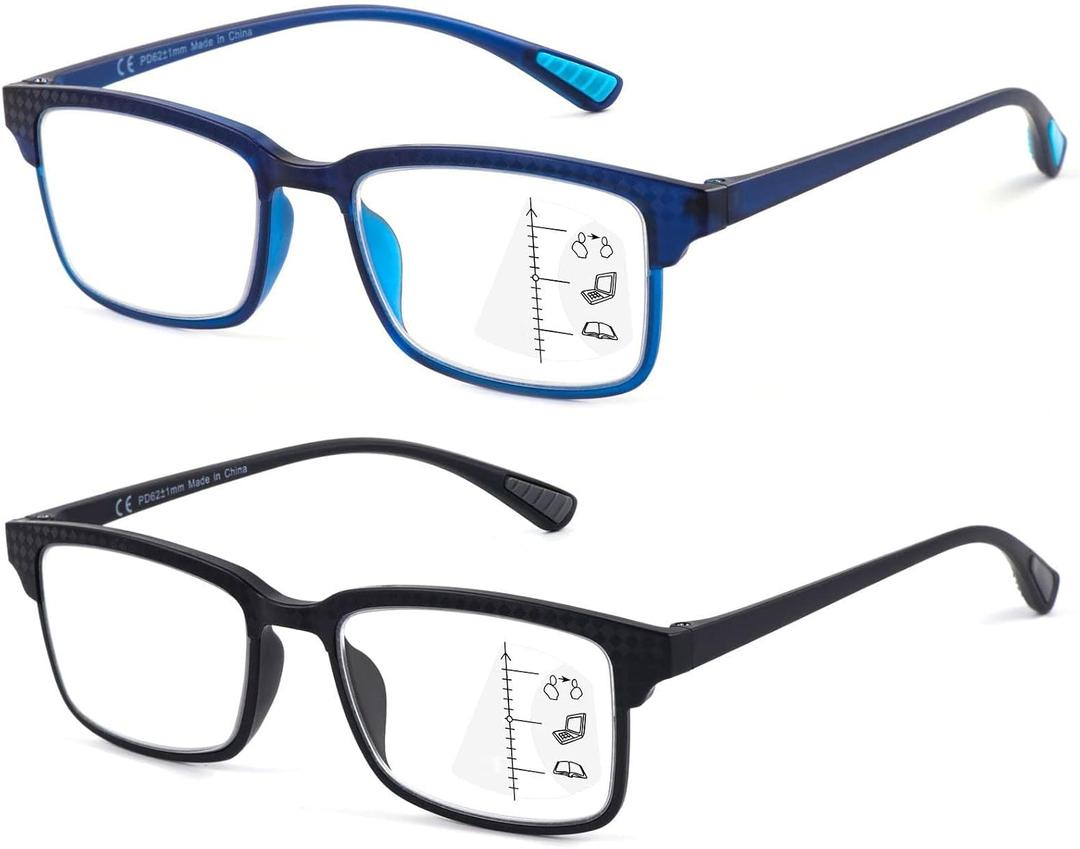 CARA 2 Pack Progressive Multifocus Reading Glasses, Flexible Lightweight TR90 Frame Blue Light Blocking Computer Readers, Workspace for Near Range (C1, 2.25)