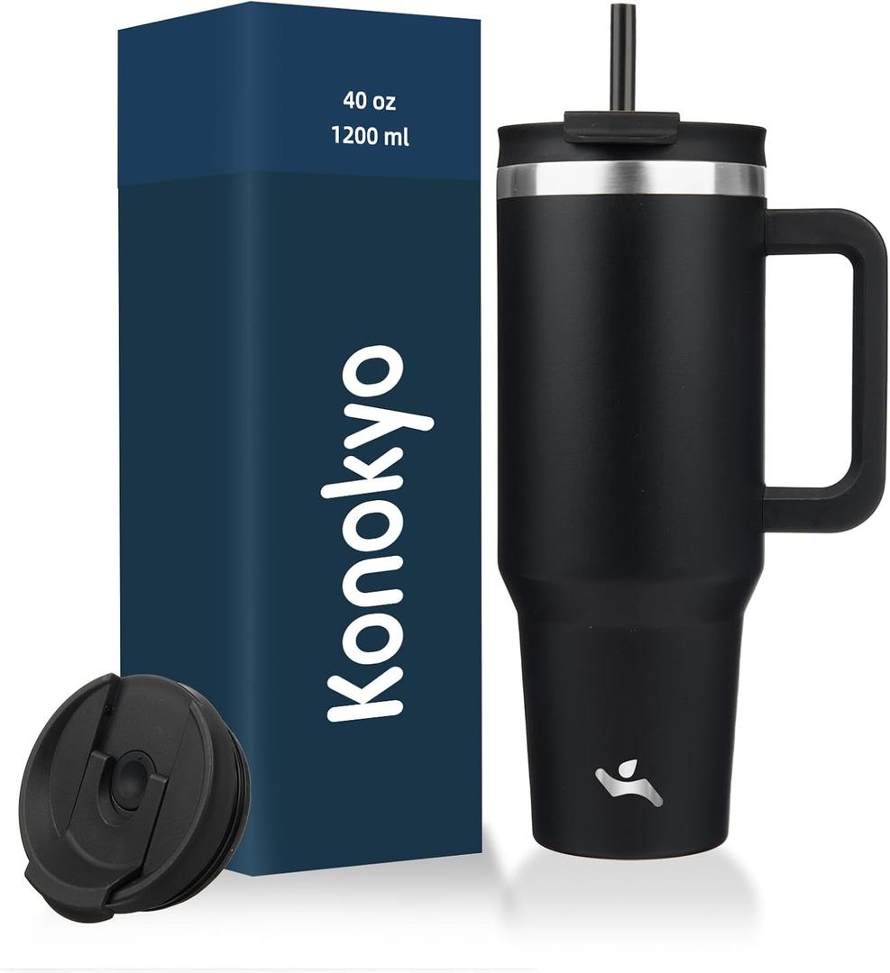 Konokyo 40 oz Tumbler with Handle and 2 Straws,2 in 1 Lid Insulated Water Bottle Stainless Steel Travel Coffee Mug,Black