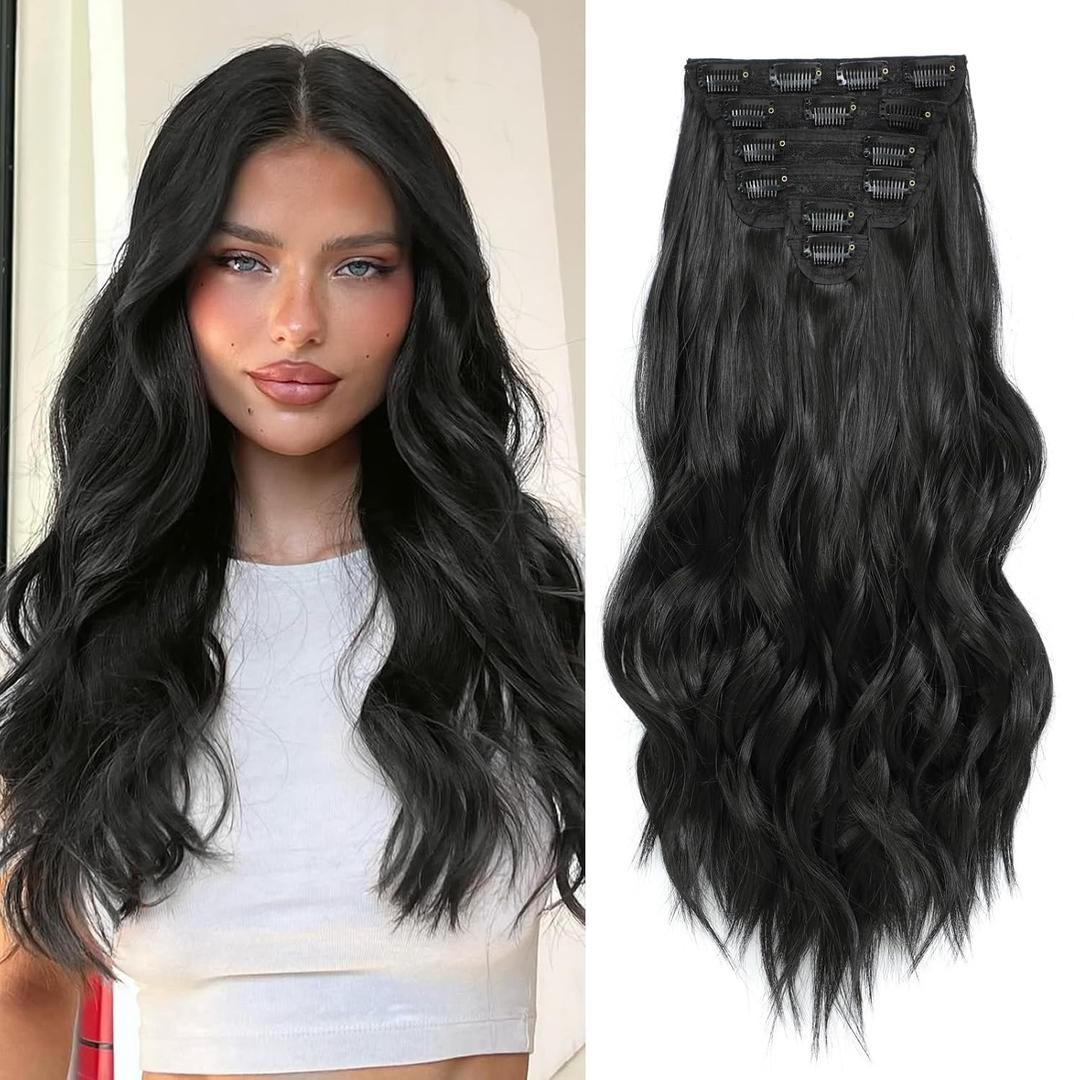 Clip in Hair Extensions for Women,Natural Black Extensions, 20 Inch 6PCS Hairpieces Long Wavy Soft Thick Hair Extensions clip ins
