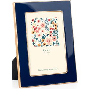 4x6 Enamel Picture Frame, Gold Metal Edge with Easel, Real Glass Photo Frame for Wall and Tabletop Display Family Office Photo Gallery, Navy Blue Enamel/1pc