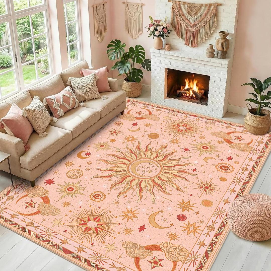 Vacuum-Friendly, 9x12 Washable Area Rug, Pink Gold Beige Red