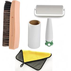 Cleaning Brush Set Hard Bristle Brush, Outdoor Scrub Brushes Kit,[ Solid Wood Horse Hair Bristles Brush, Cleaning Cloth, Sticky Lint Roller, Spare Core] for Trampoline, Wooden Decks, Concrete Patios