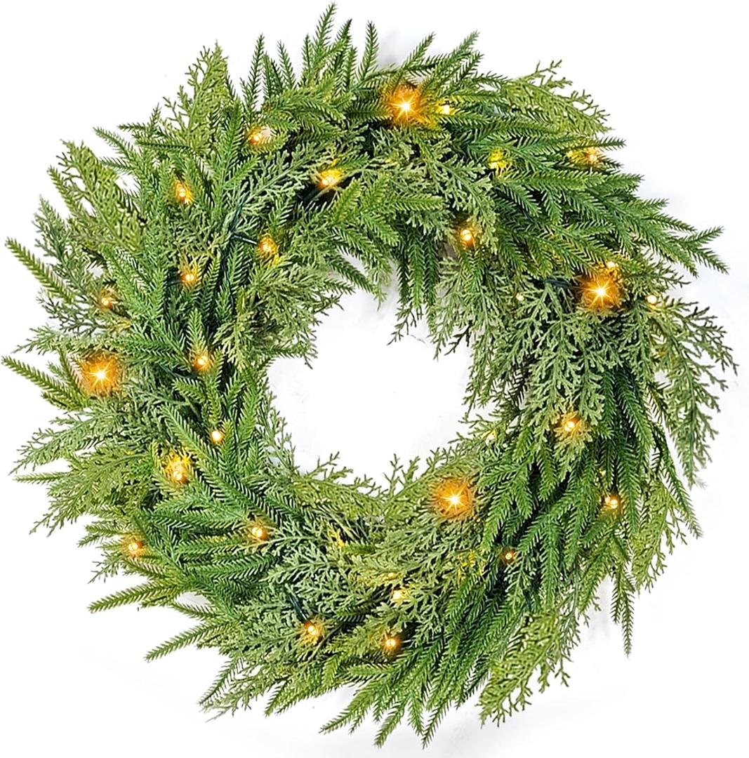 24" Prelit Christmas Wreath for Front Door, Real Touch Norfolk Pine Wreath Thick & Soft Christmas Wreaths with Light, Timer, Norfolk Pine Cypress Leaf Christmas Door Wreath for Home Wall Outdoor Decor