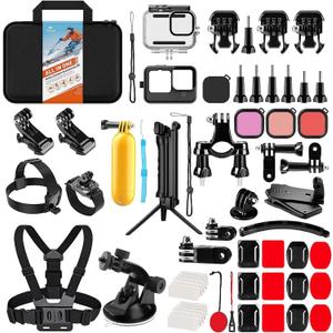 HONGDAK Action Camera Accessories Kit for GoPro Hero 13 12 11 10 9 Black, Waterproof Housing+Silicone Case+ Adjustable Arm+Head Chest Wrist Strap+Bike Mount+Suction Cup+Floating Grip Bundle Set 63in1