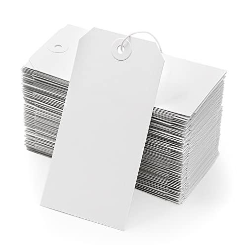 White Shipping Tags with Elastic String - Coideal 60 Pcs Blank Paper Hang Tags Attached Reinforced Hole Strung Cardstock for Labeling Price Inventory Luggage 4 3/4" x 2 3/8"