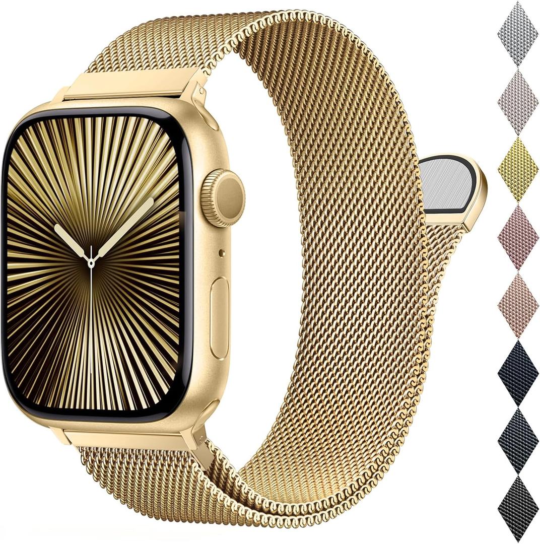 BELONGME Mesh Metal Loop Compatible with Apple Watch Band 40mm 41mm 38mm 42mm Series 11 10 9 8 7 6 5 4 3 2 1, SE 3 2 1 Women Men, Stainless Steel Strap with Magnetic Clasp for iWatch Bands (Golden)