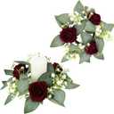 2 Pack Burgundy Artificial Flowers Candle Rings Wreaths for Pillars, Velvet Rose Candle Wreath Rings for Wedding Table Centerpieces, Valentine's Day, Farmhouse Home (Burgundy, 2.7" Inner)