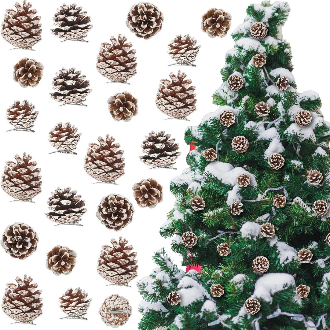 24 Pcs Pine Cone for Christmas Tree Christmas Ornament 3 Size Pine Cone for Craft Decorating with Silver Metal Clip Rustic Farmhouse Xmas Decoration Wreath DIY Gift(Snow)