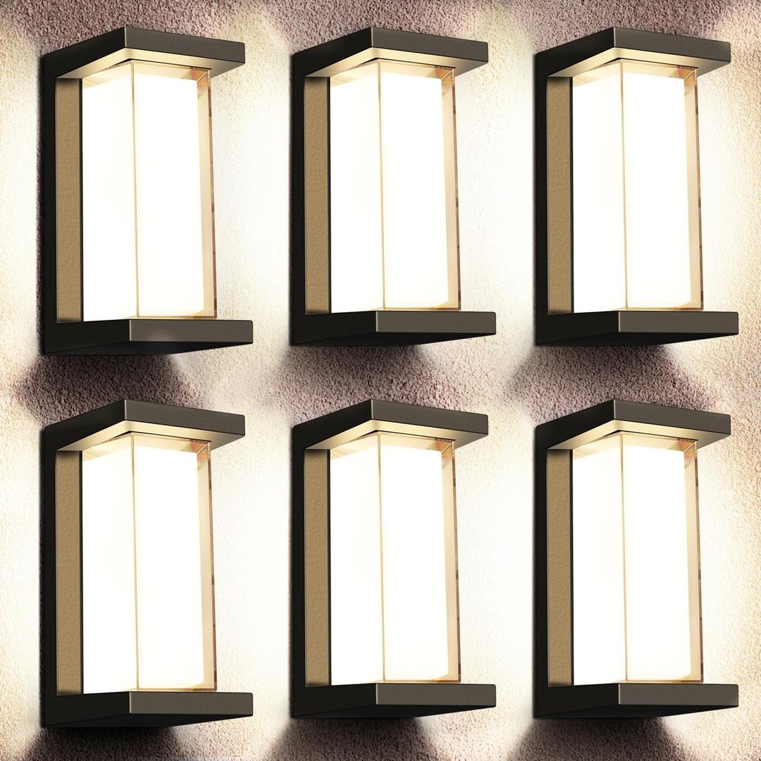 Juyace 6 Pack Outdoor Wall Lights, 18W 1800LM Modern Black Exterior Sconces, IP65 Waterproof 3000K Warm White Wall Mount Fixtures for Front Door, Garage, Porch, Patio, Entryway, House