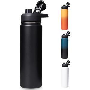 24 oz Insulated Water Bottle with Handle, 304 Stainless Steel Water Bottles with Wide Mouth, Double Wall Vacuum Sports Water Bottle, BPA Free, Keep Cold and Hot, Black