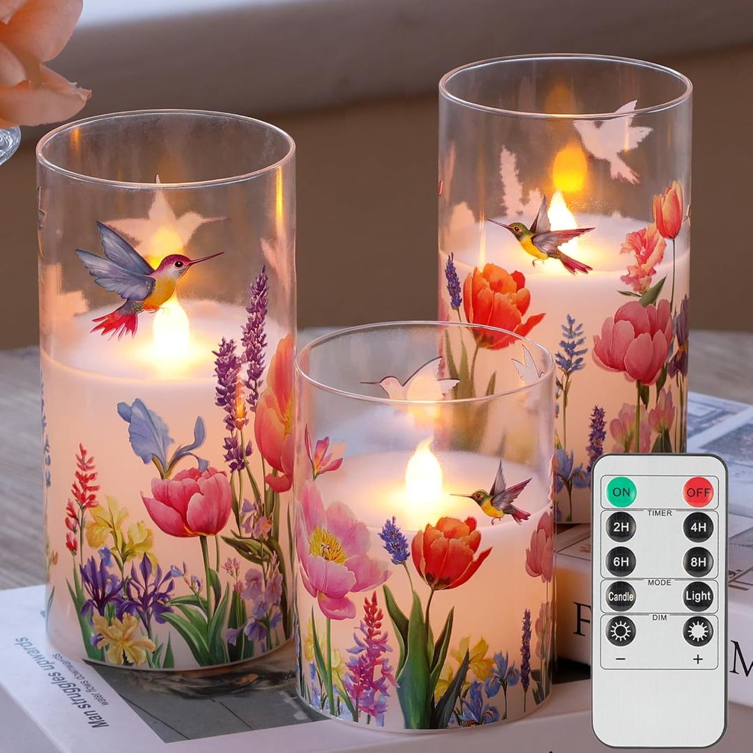 Glass Flameless Candles with Remote, Hummingbird Floral Battery Operated Candles, Flickering LED Pillar Candle for Wedding, Home, Party Gift, Set of 3
