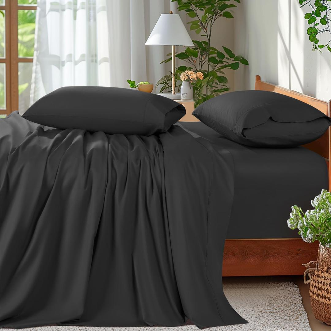 Shilucheng 100% Cotton Sheets Set - 600 Thread Count, Extra Deep Pocket Sheets Fits 18"-24" Thick Mattress, Breathable & Cooling, Luxury Egyptian Cotton Bed Sheets 4 Piece (King, Black)