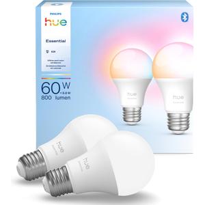 Philips Hue Essential Smart LED A19 Bulb, White and Color Ambiance, E26 Base, 8.8W, 2200K-6500K, 800 Lumens, Dimmable, Works with Alexa, Google, and Apple Home, 2-Pack