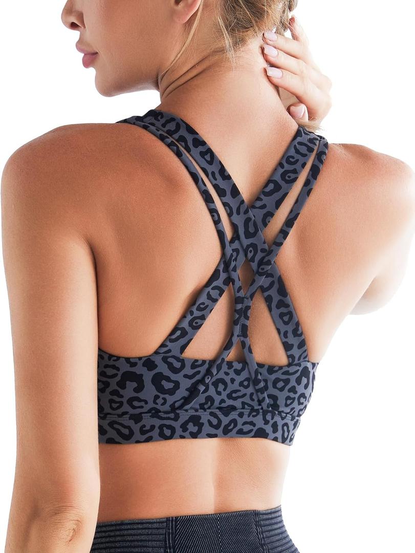 RUNNING GIRL Sports Bra for Women High Support, Criss-Cross Back Padded Strappy Sports Bras Yoga Bra with Removable Cups (Medium, 1-leopard Print)