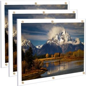 Kalami 3Pack 16x20 Clear Acrylic Wall Mount Picture Frame Self Adhesive, No Drill Holes Floating Frameless Large Photo Frame for Paintings Portrait Landscape Poster or Other Artworks