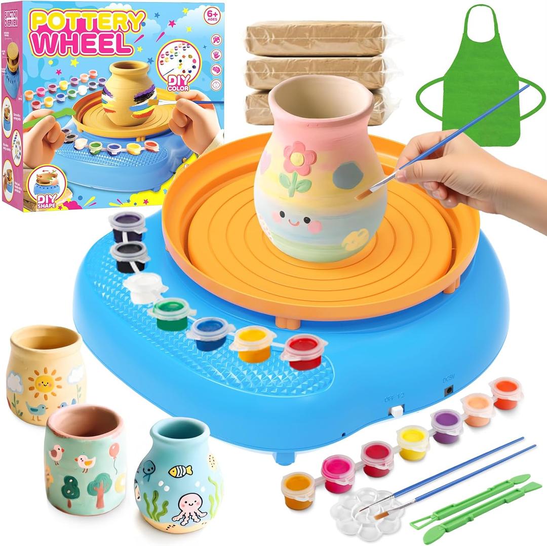 Pottery Wheel for Kids Complete DIY Pottery Painting Kit for Ages 8-12 Beginners with 4 Air-Dry Clay Packs and Tools, Arts & Crafts Supplies Toys Birthday Gift for Boys Girls 6+ Years Old (Blue)