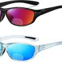 LKEYE Bifocal Reading Sunglasses Men Women Sports Style Sun Reader Wrap Around Build-In UV Protection Driving glasses LK6092, Bifocal Sun（c3blue+c4red), 2.5 Diopters