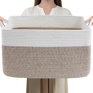 Large Blanket Basket,Woven Rope Basket Storage Bin with Handles,65L Rectangle Laundry Basket for Magazines,Toys,Clothes,Newspaper Shelf Organization,Nursery and Living Room,White & Brown