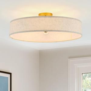 VILUXY Gold Semi-Flush Mount Ceiling Light Fixture 24" Large Modern Ceiling Light with Linen Fabric Drum Shade 5-Light Round Ceiling Lamp for Bedroom Dining Room Entryway
