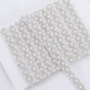 2 Yards Pearl Beaded Trim, 0.4 Inches Bridal Lace Ribbon Trimming Edge Straps for Sewing Wedding Dress Applique Bridal Straps Embellishments Decoration (White)