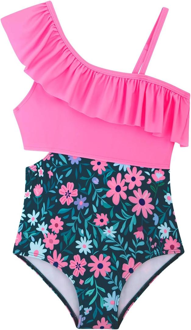 Alakuoti Girls One Piece Swimsuits Cutout Ruffle Bathing Suit Quick Dry Beach Swimwear with Adjustable Strap 14Years (Pink)