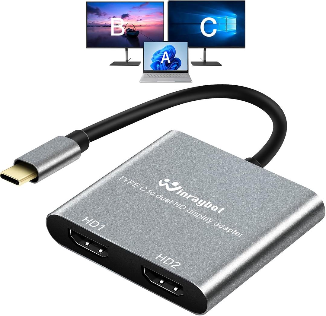 USB C to Dual HDMI Adapter 4k60Hz Extend Dual Monitors from MacBook Pro/Air,Dell XPS,Lenovo XiaoXin, USB-C Dual Monitor Adapter for Windows & Mac