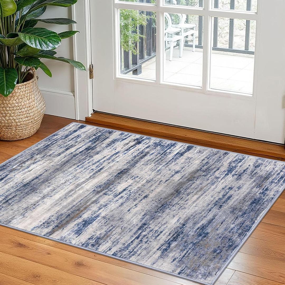 KOZYFLY Modern Abstract Rugs for Entryway 2x3, Washable Kitchen Rug Non-Slip Soft Small Area Rug, Grey-Blue Striped Throw Rugs Faux Wool Doormat for Bedside Entrance Bathroom Sink