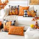 Artscope Fall Pillow Covers 20x20 Inch Set of 4, Hello Fall Hello Pumpkin Buffalo Plaid Maple Leaves Harvest Outdoor Decorative Farmhouse Pillow Cases for Home Sofa Couch-Orange B