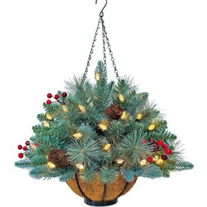 18 Inches Pre-lit Blue Spruce Artificial Christmas Hanging Basket with Red Berries, Pine Cones,40 C3 Dual-Color Multi-Functional Battery Operated LED Lights with Timer