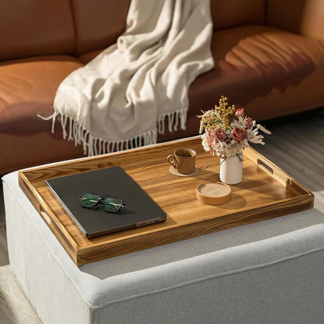 Hanobe Ottoman Serving Tray Large: 30" Decorative Trays with Handles - Wood Coffee Table Decor for Home Living Room Kitchen Counter