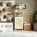 HITNET Bathroom Storage Cabinet Rattan, Small Bamboo Floor Cabinet with Single Door and Open Shelf, Freestanding Narrow Cupboard for Living Room, Kitchen, Entryway, White, 13"D X 14.4"W X 33.66"H